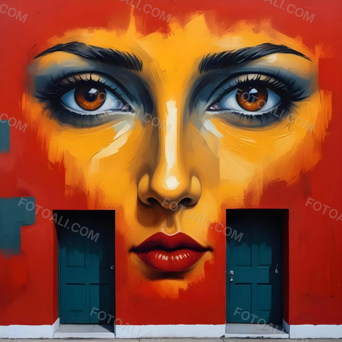 Oil Painting A Wall With A Painting Of A 30 Year Old White Woman With Brown Eyes And Dark Lips Two Doors At The Bottom Of The Wall Creative Extremely Detailed Brush Stroke 7 4b48