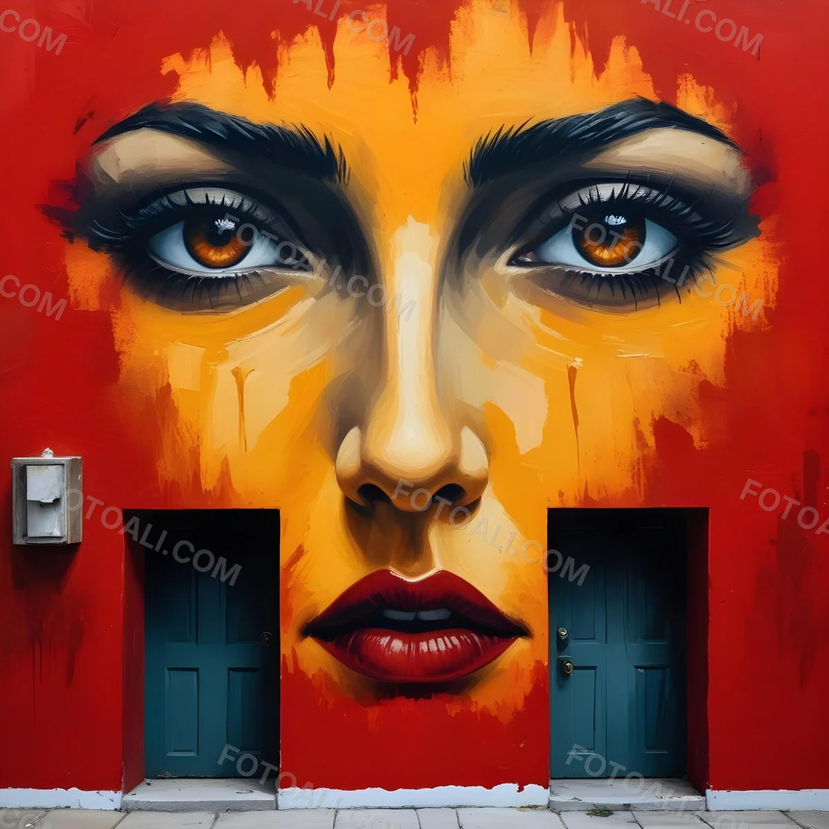 Oil Painting A Wall With A Painting Of A 30 Year Old White Woman With Brown Eyes And Dark Lips Two Doors At The Bottom Of The Wall Creative Extremely Detailed Brush Stroke 9 6529