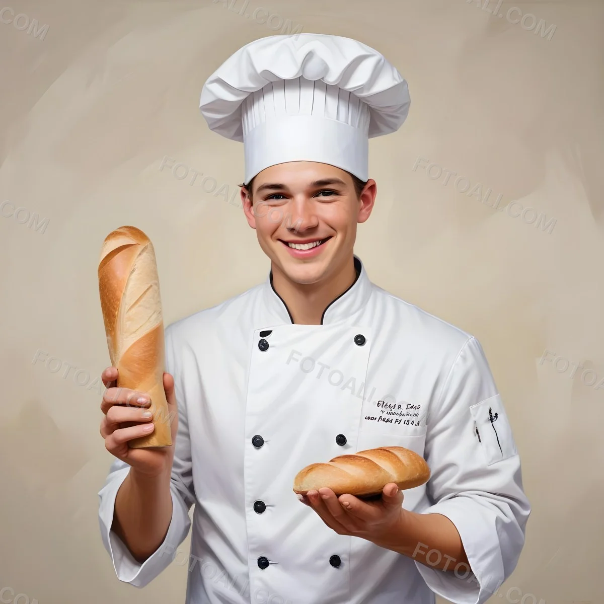 Oil Painting A Young Caucasian Male Chef Approximately 25 Years Old Wearing A White Chef S Coat And A White Chef S Hat He Is Smiling And Holding A Rolling Pin In One Hand And A Loaf Of Bread In The Other The Backgrou 1 D50d
