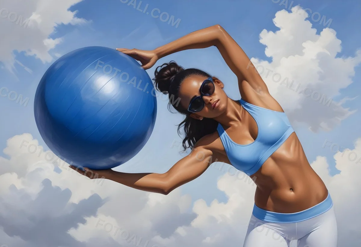 Oil Painting A Young Woman With A Dark Skin Tone And Long Dark Hair Wearing A Blue Sports Bra And White Leggings Is Exercising With A Large Blue Exercise Ball She Is Bending Sideways While Holding The Ball And Is We 10 9fff