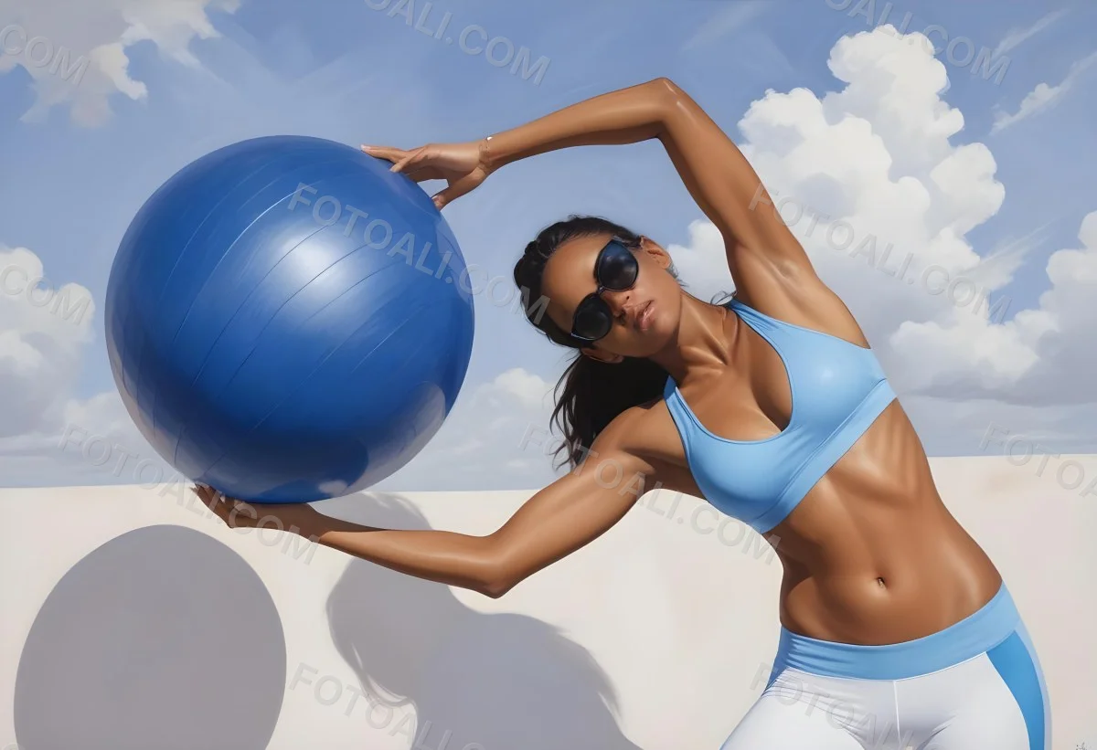 Oil Painting A Young Woman With A Dark Skin Tone And Long Dark Hair Wearing A Blue Sports Bra And White Leggings Is Exercising With A Large Blue Exercise Ball She Is Bending Sideways While Holding The Ball And Is We 7 De93
