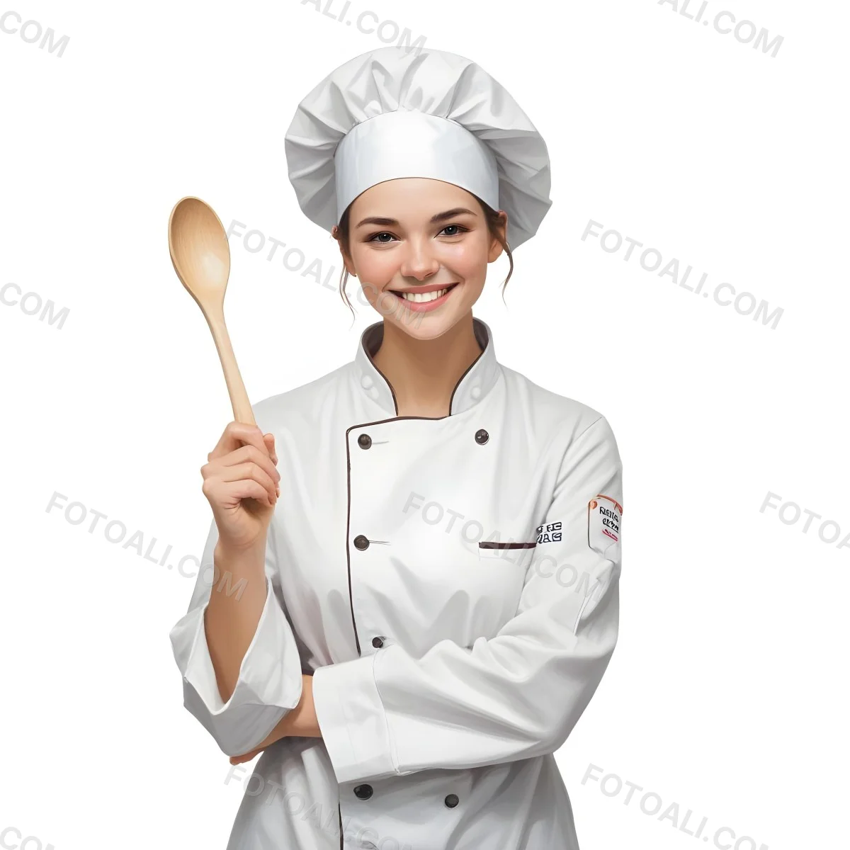 Oil Painting A Young Woman With Fair Skin And Brown Hair Wearing A White Chef S Coat And A White Chef S Hat She Is Smiling And Holding A Wooden Spoon In Her Right Hand While Her Left Arm Is Crossed Over Her Body The 1 3894