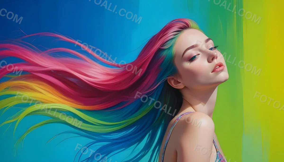 Oil Painting A Young Woman With Fair Skin And Long Vibrant Hair That Transitions Through Multiple Colors Including Pink Blue And Green She Has Green Eyes And Wears Bold Eye Makeup With Her Head Tilted Back And Eye 10 Ccb9