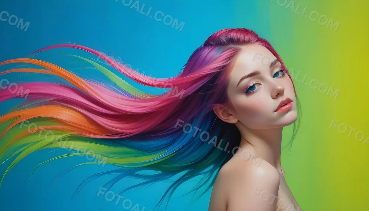 Oil Painting A Young Woman With Fair Skin And Long Vibrant Hair That Transitions Through Multiple Colors Including Pink Blue And Green She Has Green Eyes And Wears Bold Eye Makeup With Her Head Tilted Back And Eye 11 Ffdf