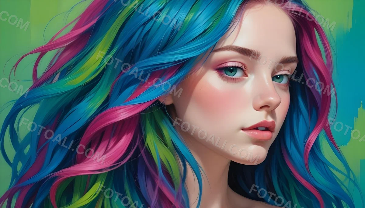 Oil Painting A Young Woman With Fair Skin And Long Vibrant Hair That Transitions Through Multiple Colors Including Pink Blue And Green She Has Green Eyes And Wears Bold Eye Makeup With Her Head Tilted Back And Eye 14 24aa