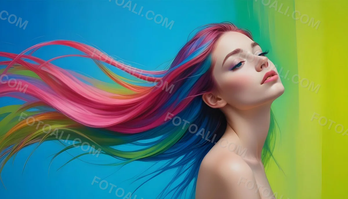 Oil Painting A Young Woman With Fair Skin And Long Vibrant Hair That Transitions Through Multiple Colors Including Pink Blue And Green She Has Green Eyes And Wears Bold Eye Makeup With Her Head Tilted Back And Eye 15 0ad6