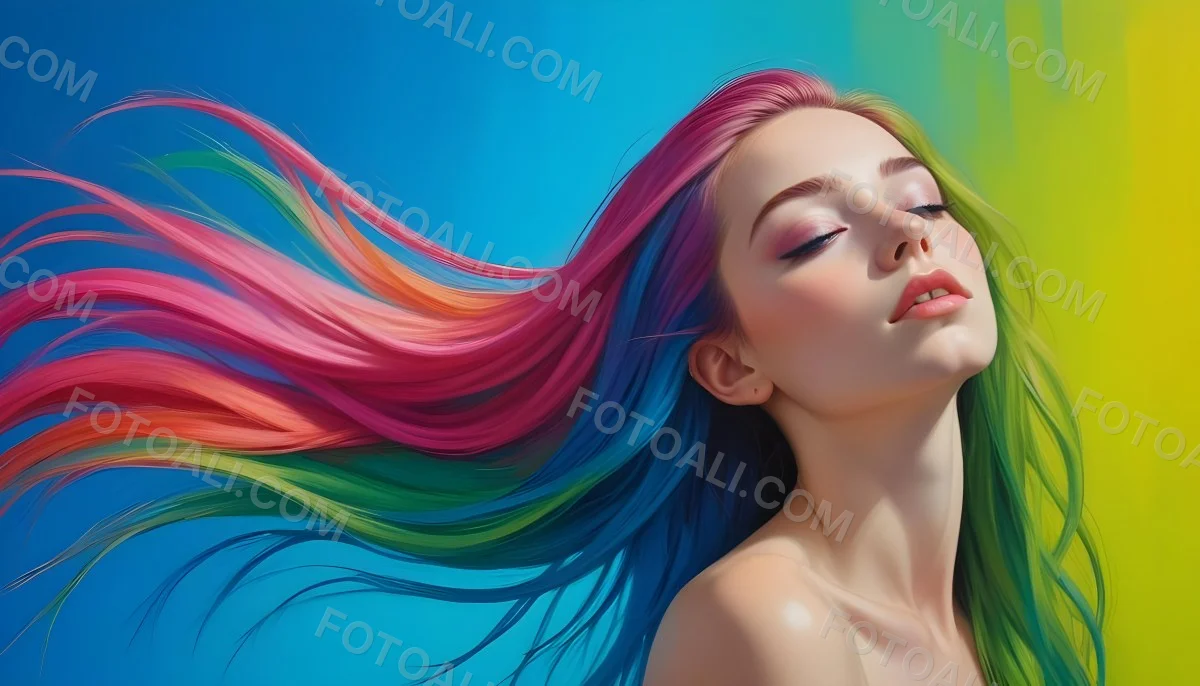 Oil Painting A Young Woman With Fair Skin And Long Vibrant Hair That Transitions Through Multiple Colors Including Pink Blue And Green She Has Green Eyes And Wears Bold Eye Makeup With Her Head Tilted Back And Eye 17 C932