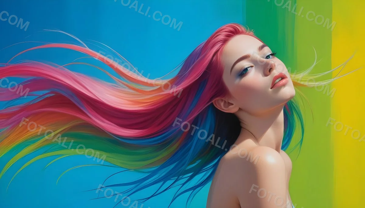 Oil Painting A Young Woman With Fair Skin And Long Vibrant Hair That Transitions Through Multiple Colors Including Pink Blue And Green She Has Green Eyes And Wears Bold Eye Makeup With Her Head Tilted Back And Eye 19 2c91