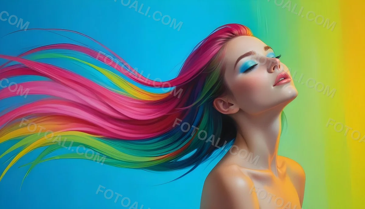 Oil Painting A Young Woman With Fair Skin And Long Vibrant Hair That Transitions Through Multiple Colors Including Pink Blue And Green She Has Green Eyes And Wears Bold Eye Makeup With Her Head Tilted Back And Eye 20 D83b