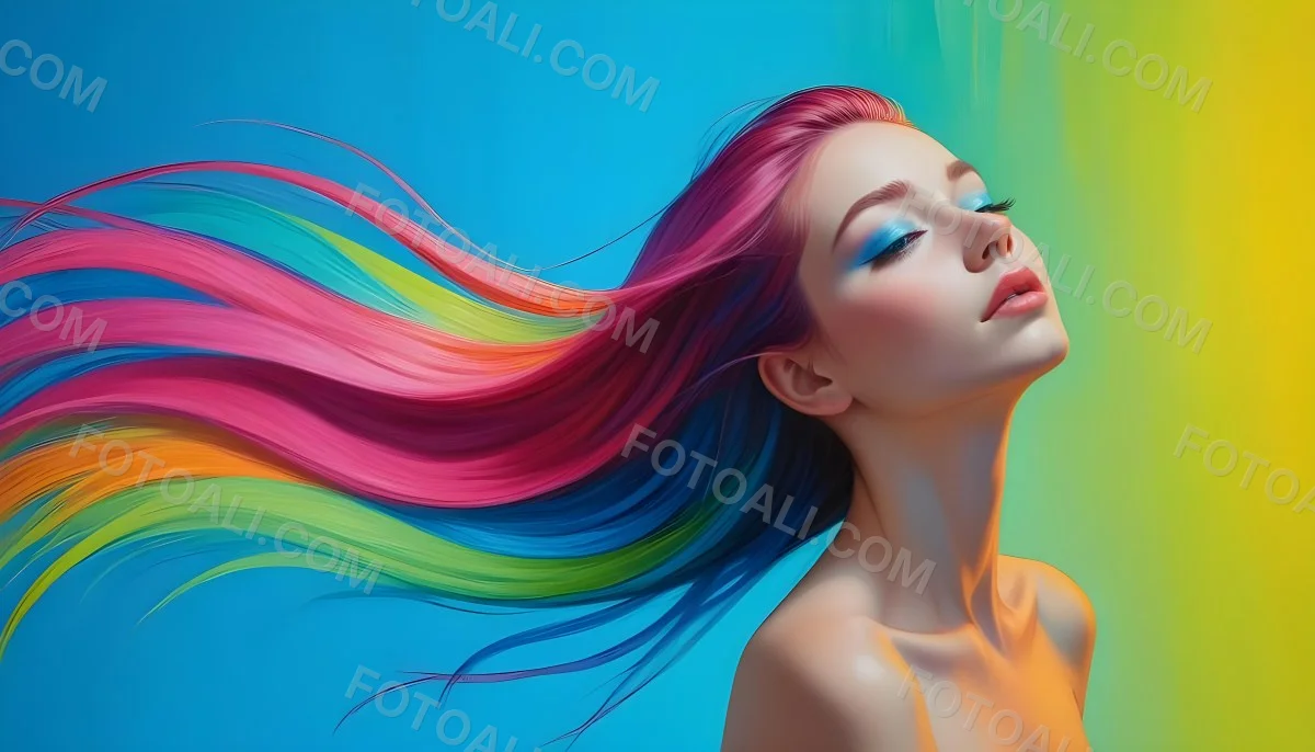 Oil Painting A Young Woman With Fair Skin And Long Vibrant Hair That Transitions Through Multiple Colors Including Pink Blue And Green She Has Green Eyes And Wears Bold Eye Makeup With Her Head Tilted Back And Eye 22 B6e3