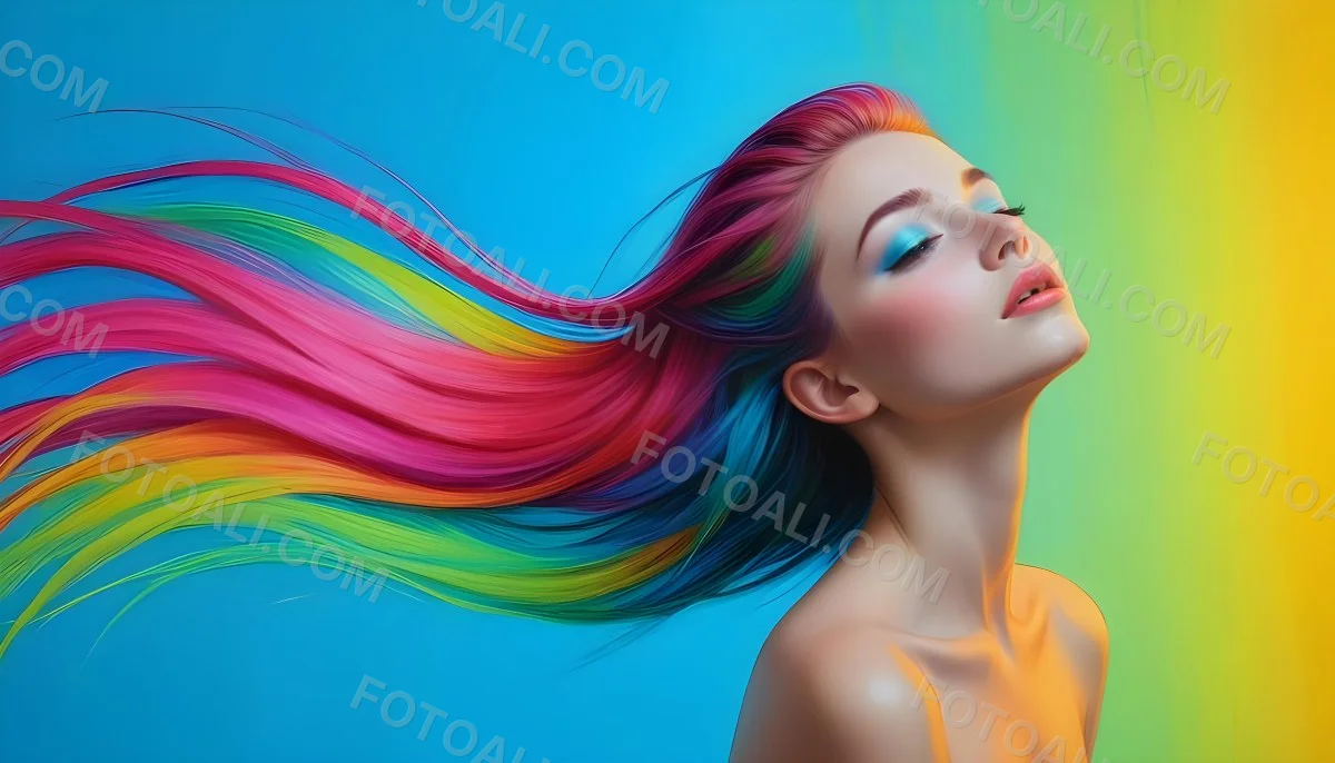 Oil Painting A Young Woman With Fair Skin And Long Vibrant Hair That Transitions Through Multiple Colors Including Pink Blue And Green She Has Green Eyes And Wears Bold Eye Makeup With Her Head Tilted Back And Eye 24 2561