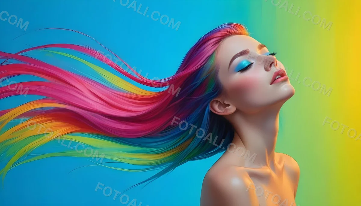 Oil Painting A Young Woman With Fair Skin And Long Vibrant Hair That Transitions Through Multiple Colors Including Pink Blue And Green She Has Green Eyes And Wears Bold Eye Makeup With Her Head Tilted Back And Eye 5 1455