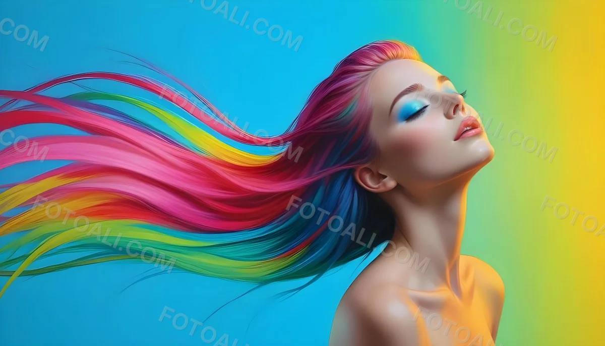 Oil Painting A Young Woman With Fair Skin And Long Vibrant Hair That Transitions Through Multiple Colors Including Pink Blue And Green She Has Green Eyes And Wears Bold Eye Makeup With Her Head Tilted Back And Eye 7 E0ba