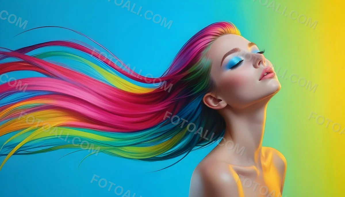 Oil Painting A Young Woman With Fair Skin And Long Vibrant Hair That Transitions Through Multiple Colors Including Pink Blue And Green She Has Green Eyes And Wears Bold Eye Makeup With Her Head Tilted Back And Eye 8 E8c6