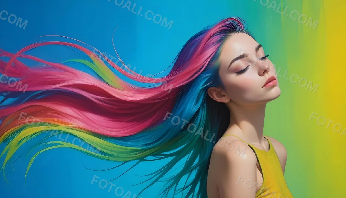 Oil Painting A Young Woman With Fair Skin And Long Vibrant Hair That Transitions Through Multiple Colors Including Pink Blue And Green She Has Green Eyes And Wears Bold Eye Makeup With Her Head Tilted Back And Eye 9 C230