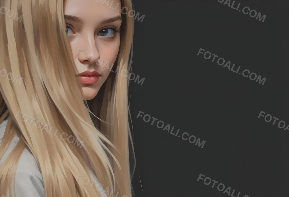 Oil Painting A Young Woman With Long Straight Blonde Hair Partially Obscured By Her Hair She Has Light Skin And Is Looking Towards The Camera The Background Is A Solid Dark Color Creative Extremely Detailed Brush 15 0066