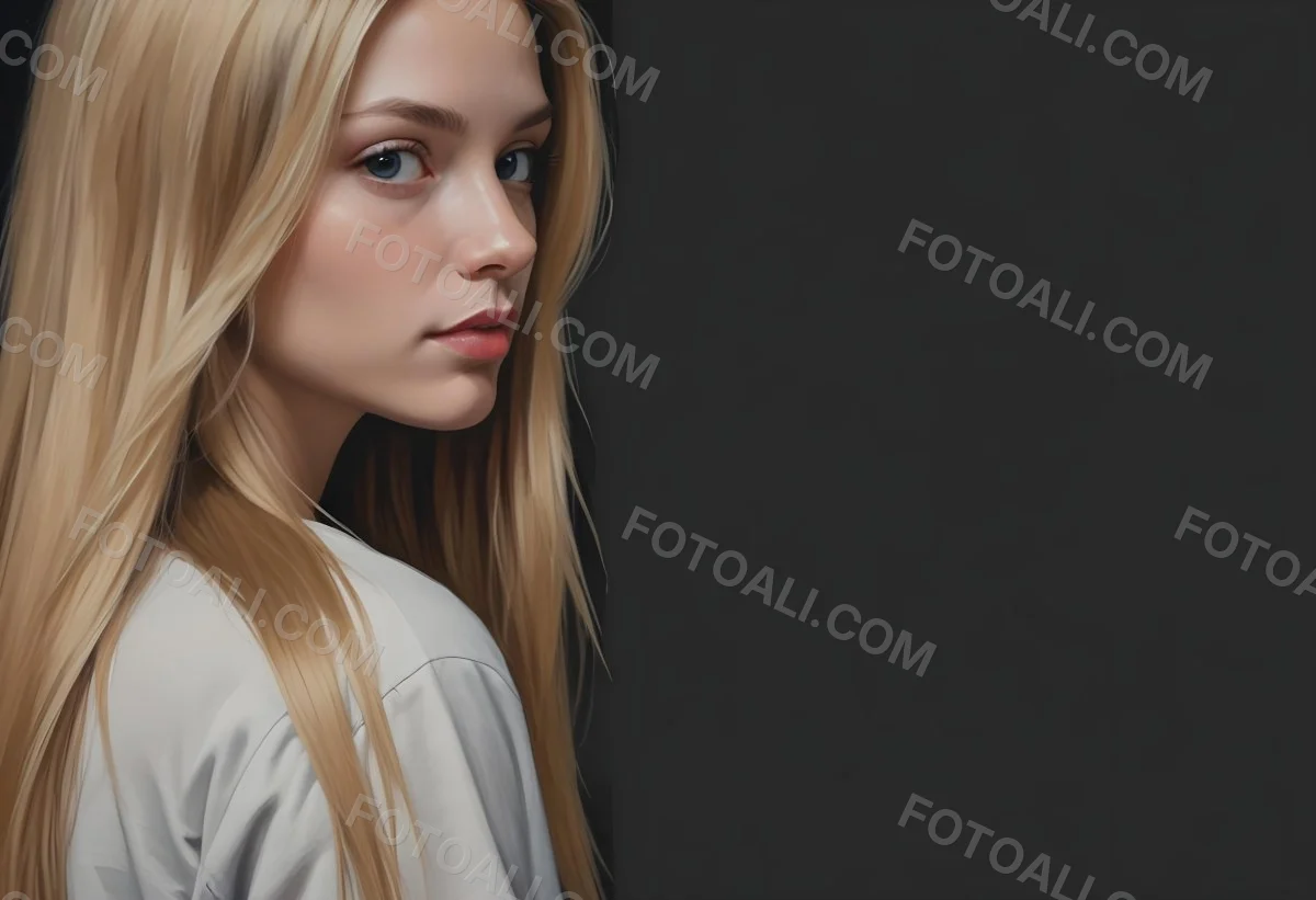 Oil Painting A Young Woman With Long Straight Blonde Hair Partially Obscured By Her Hair She Has Light Skin And Is Looking Towards The Camera The Background Is A Solid Dark Color Creative Extremely Detailed Brush 16 4dea