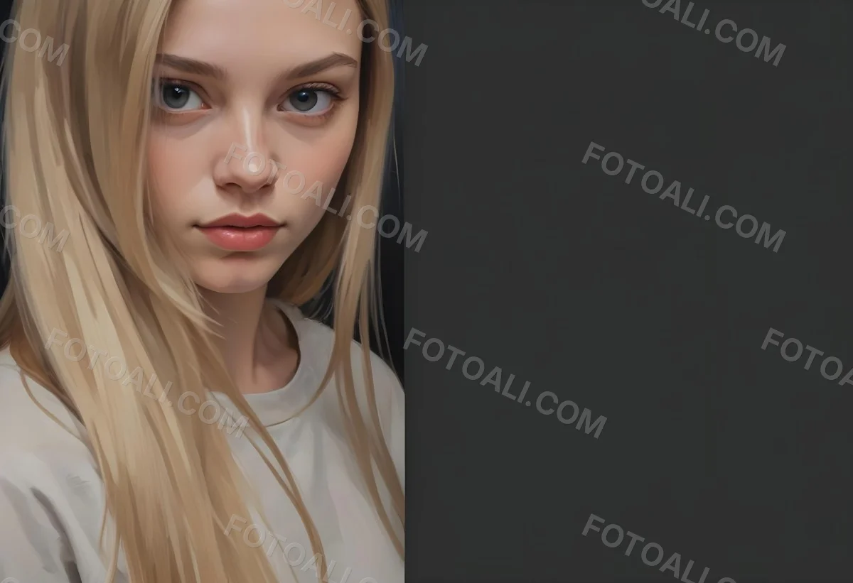 Oil Painting A Young Woman With Long Straight Blonde Hair Partially Obscured By Her Hair She Has Light Skin And Is Looking Towards The Camera The Background Is A Solid Dark Color Creative Extremely Detailed Brush 21 B022