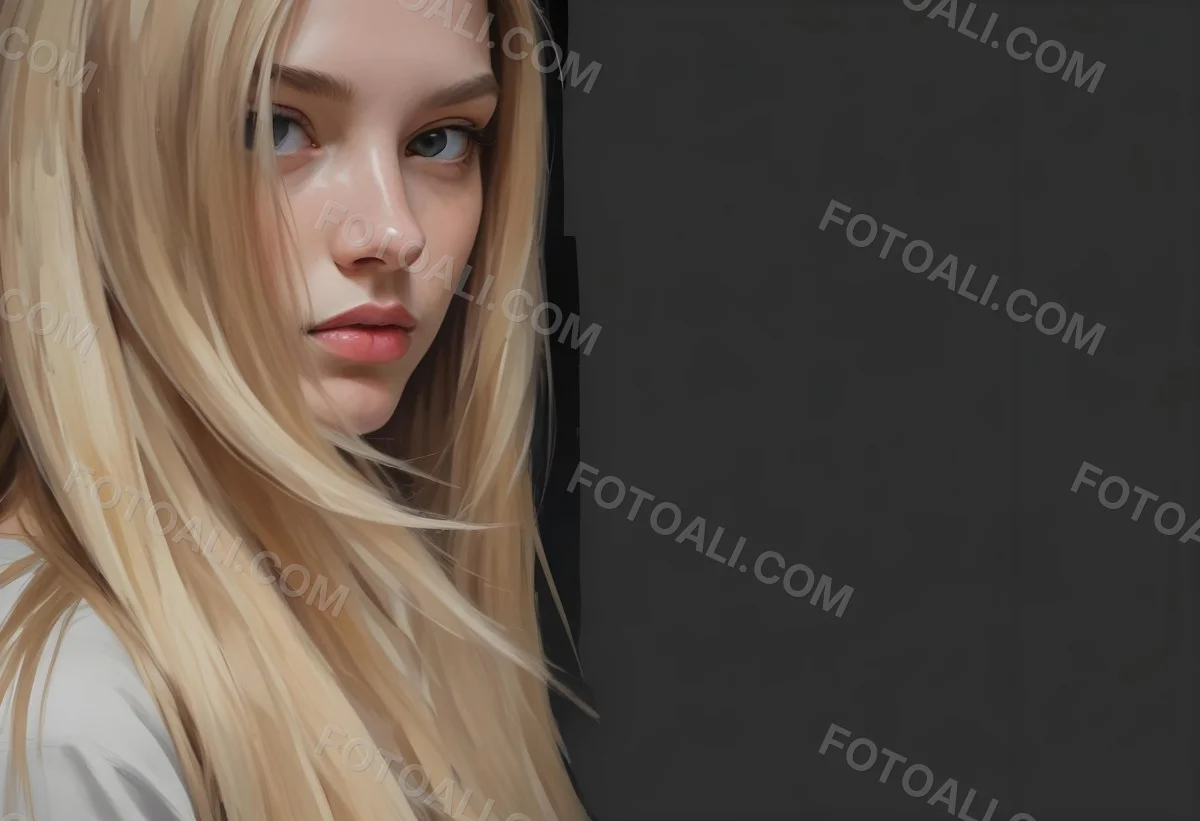 Oil Painting A Young Woman With Long Straight Blonde Hair Partially Obscured By Her Hair She Has Light Skin And Is Looking Towards The Camera The Background Is A Solid Dark Color Creative Extremely Detailed Brush 22 08f8
