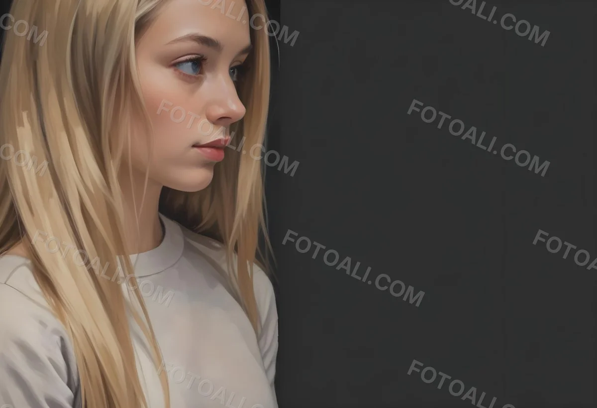 Oil Painting A Young Woman With Long Straight Blonde Hair Partially Obscured By Her Hair She Has Light Skin And Is Looking Towards The Camera The Background Is A Solid Dark Color Creative Extremely Detailed Brush 23 5f2e