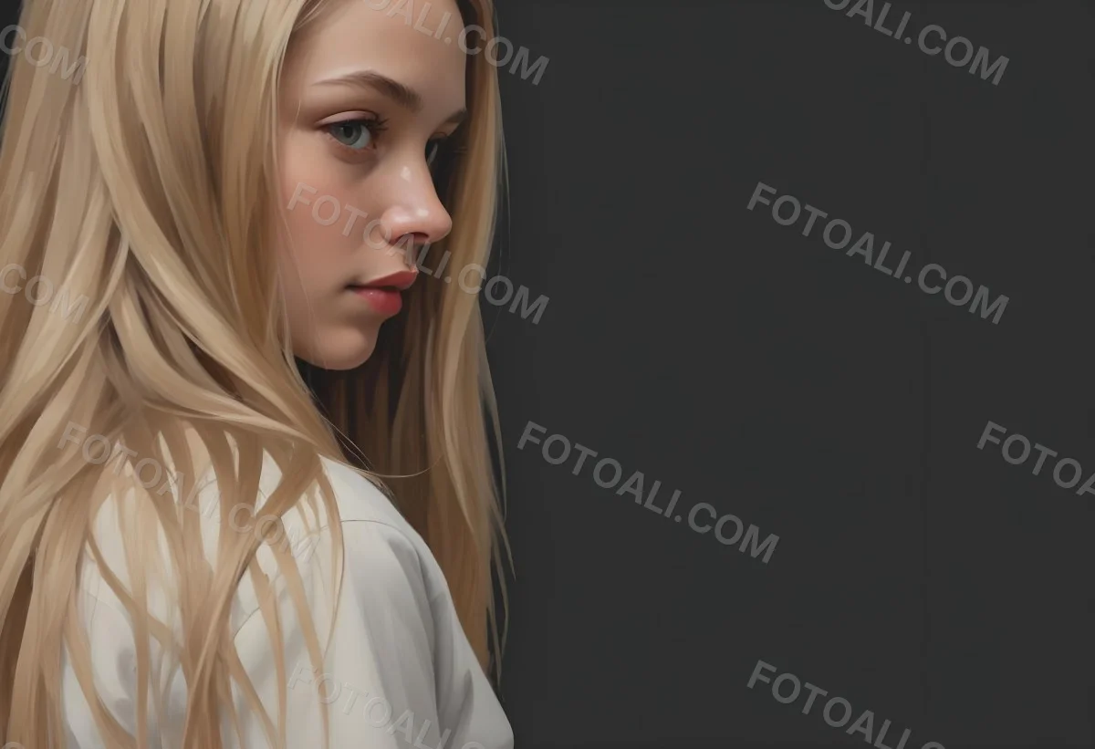 Oil Painting A Young Woman With Long Straight Blonde Hair Partially Obscured By Her Hair She Has Light Skin And Is Looking Towards The Camera The Background Is A Solid Dark Color Creative Extremely Detailed Brush 3 215d