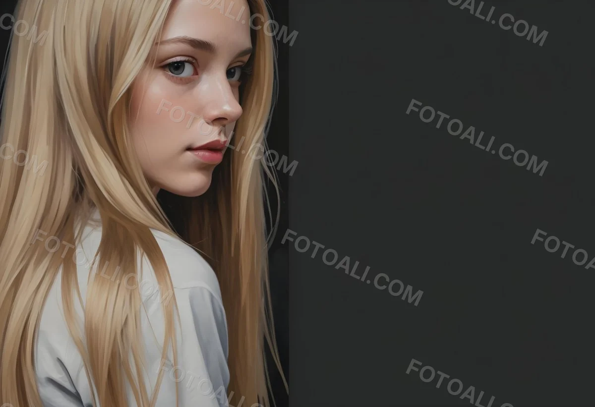 Oil Painting A Young Woman With Long Straight Blonde Hair Partially Obscured By Her Hair She Has Light Skin And Is Looking Towards The Camera The Background Is A Solid Dark Color Creative Extremely Detailed Brush 6 F55f