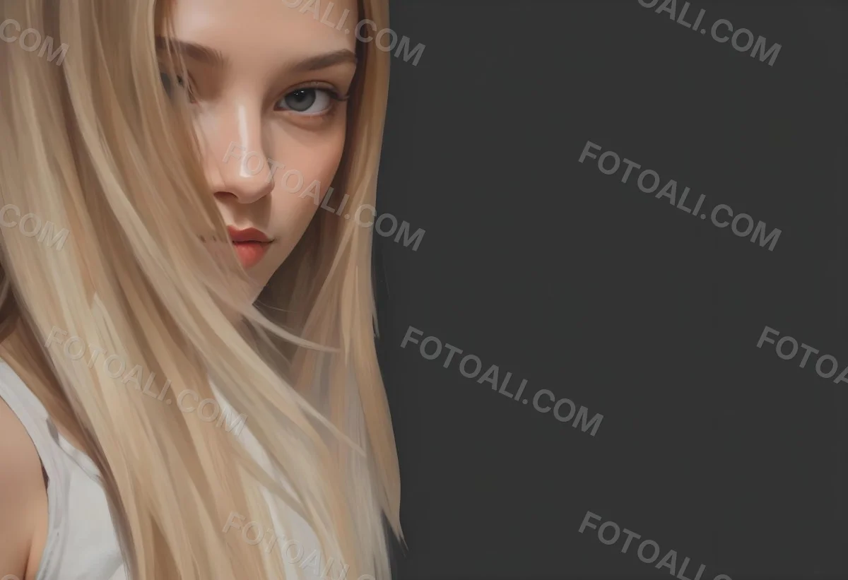 Oil Painting A Young Woman With Long Straight Blonde Hair Partially Obscured By Her Hair She Has Light Skin And Is Looking Towards The Camera The Background Is A Solid Dark Color Creative Extremely Detailed Brush 7 F505