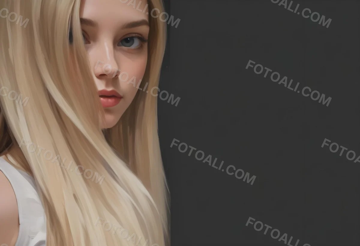 Oil Painting A Young Woman With Long Straight Blonde Hair Partially Obscured By Her Hair She Has Light Skin And Is Looking Towards The Camera The Background Is A Solid Dark Color Creative Extremely Detailed Brush 8 3d42