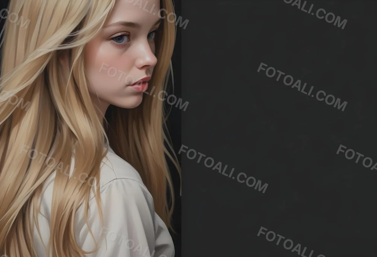 Oil Painting A Young Woman With Long Straight Blonde Hair Partially Obscured By Her Hair She Has Light Skin And Is Looking Towards The Camera The Background Is A Solid Dark Color Creative Extremely Detailed Brush 9 3df4