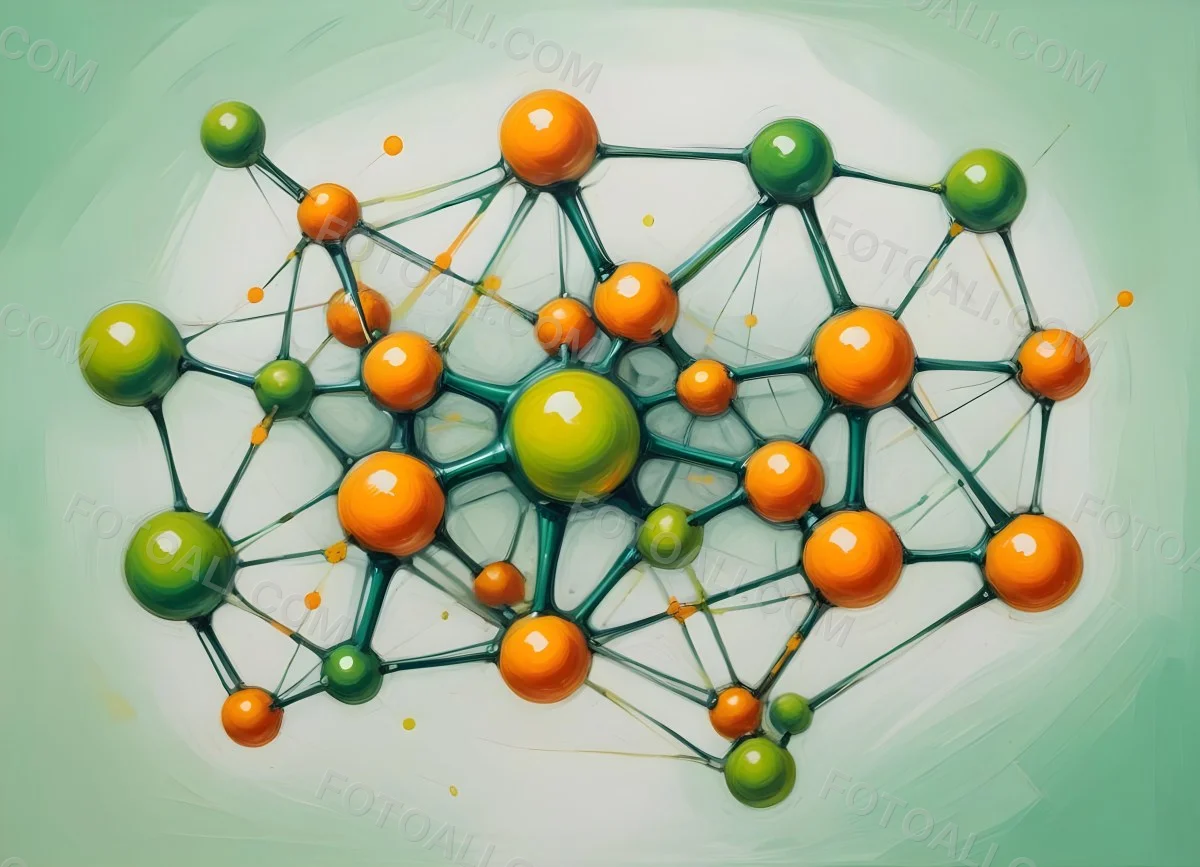 Oil Painting Abstract Molecular Structure With Green And Orange Spheres Connected By Yellow Lines Creating A Network Pattern Against A Bright Background Creative Extremely Detailed Brush Stroke 15 69bb