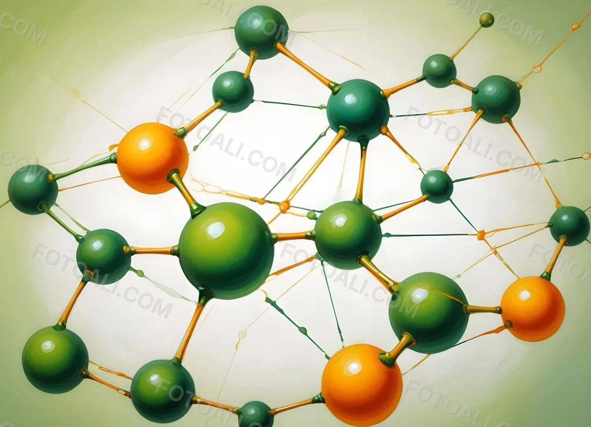 Oil Painting Abstract Molecular Structure With Green And Orange Spheres Connected By Yellow Lines Creating A Network Pattern Against A Bright Background Creative Extremely Detailed Brush Stroke 4 D309