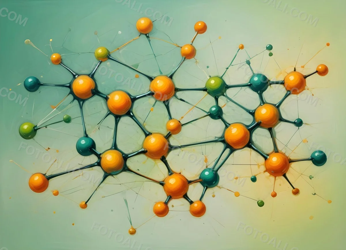 Oil Painting Abstract Molecular Structure With Green And Orange Spheres Connected By Yellow Lines Creating A Network Pattern Against A Bright Background Creative Extremely Detailed Brush Stroke 5 E279
