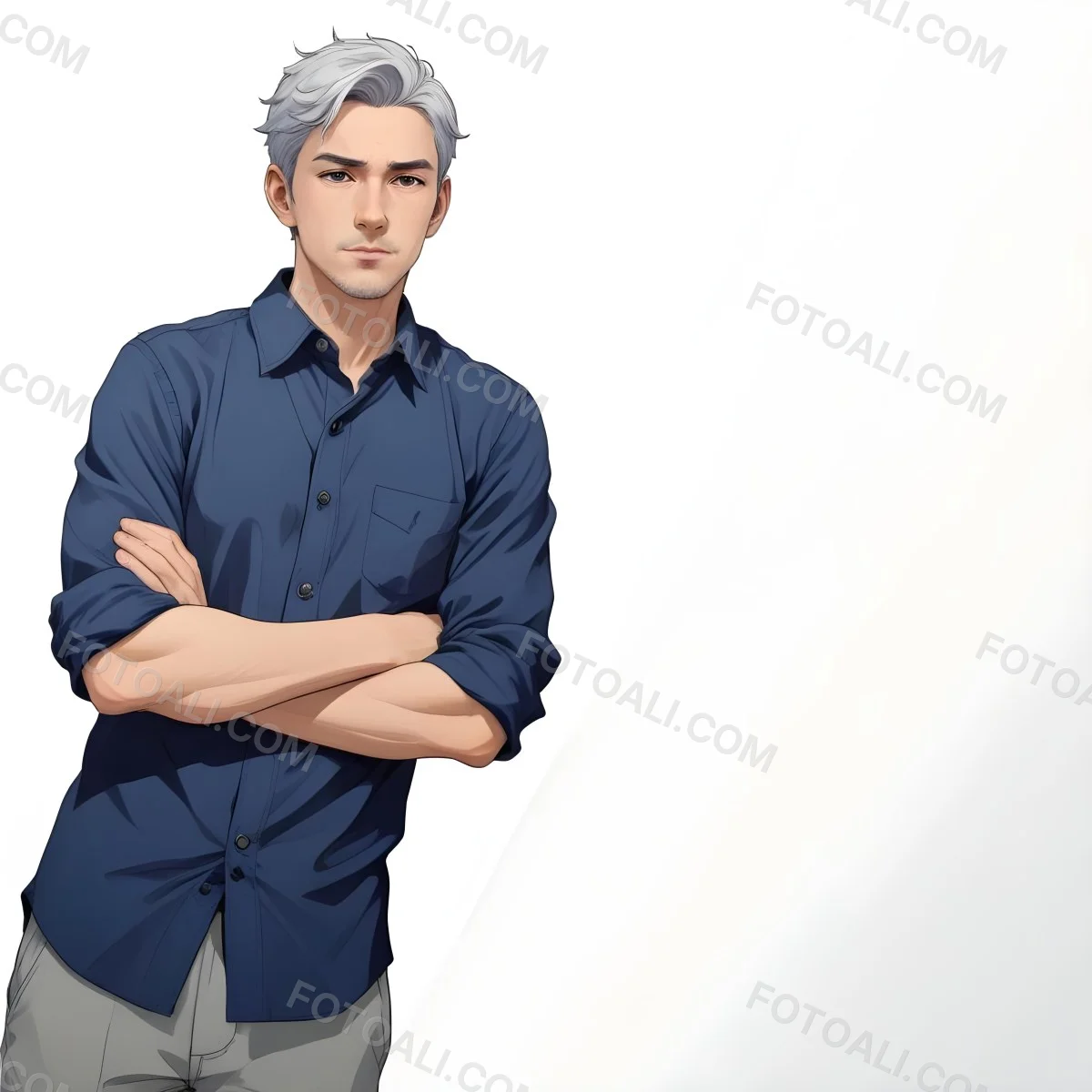 Oil Painting Caucasian Male Approximately 30 Years Old With Short Gray Hair Wearing A Dark Blue Button Up Shirt And Light Gray Pants Standing With Arms Crossed Against A Plain White Background Creative Extremel 11 35dd