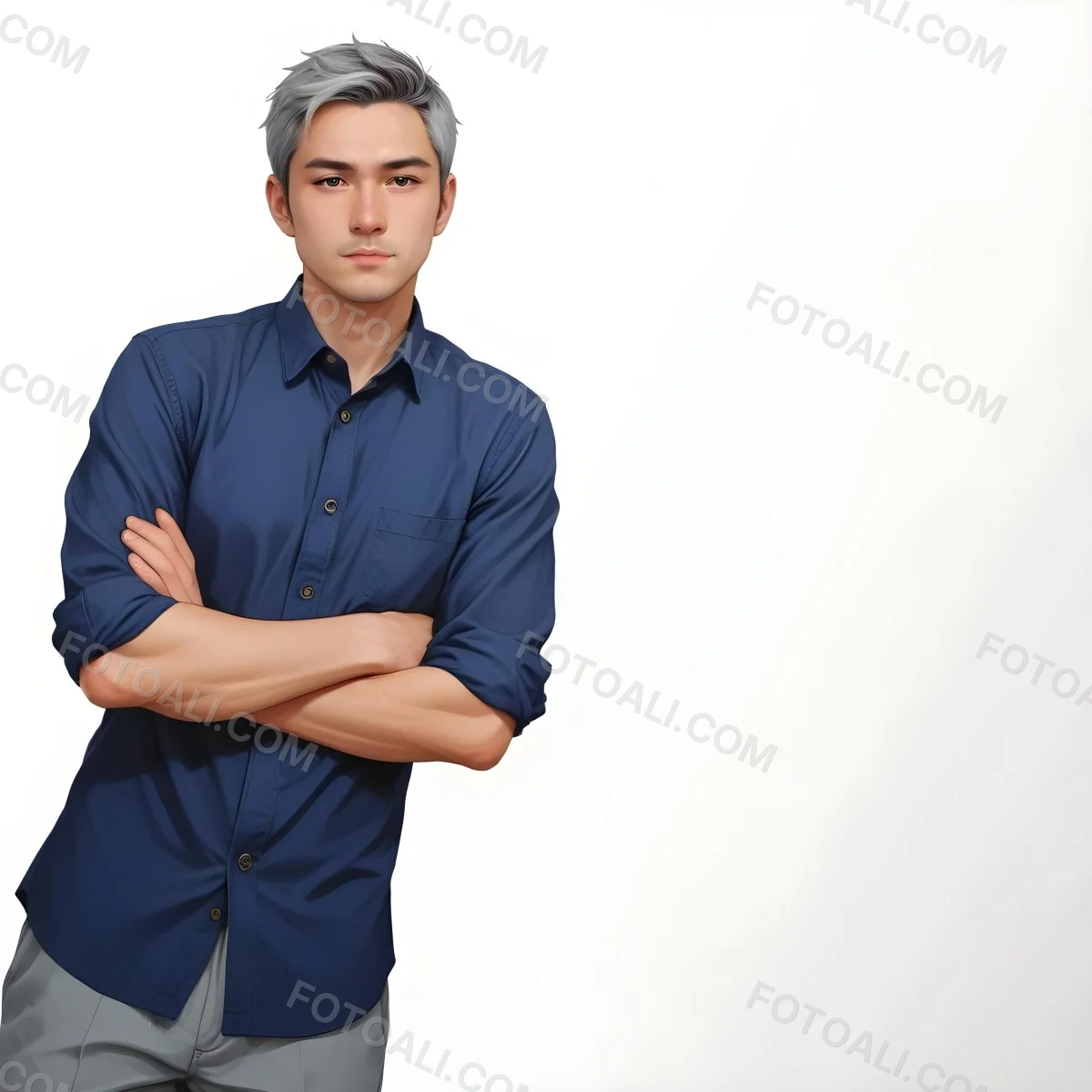 Oil Painting Caucasian Male Approximately 30 Years Old With Short Gray Hair Wearing A Dark Blue Button Up Shirt And Light Gray Pants Standing With Arms Crossed Against A Plain White Background Creative Extremel 14 Ff36