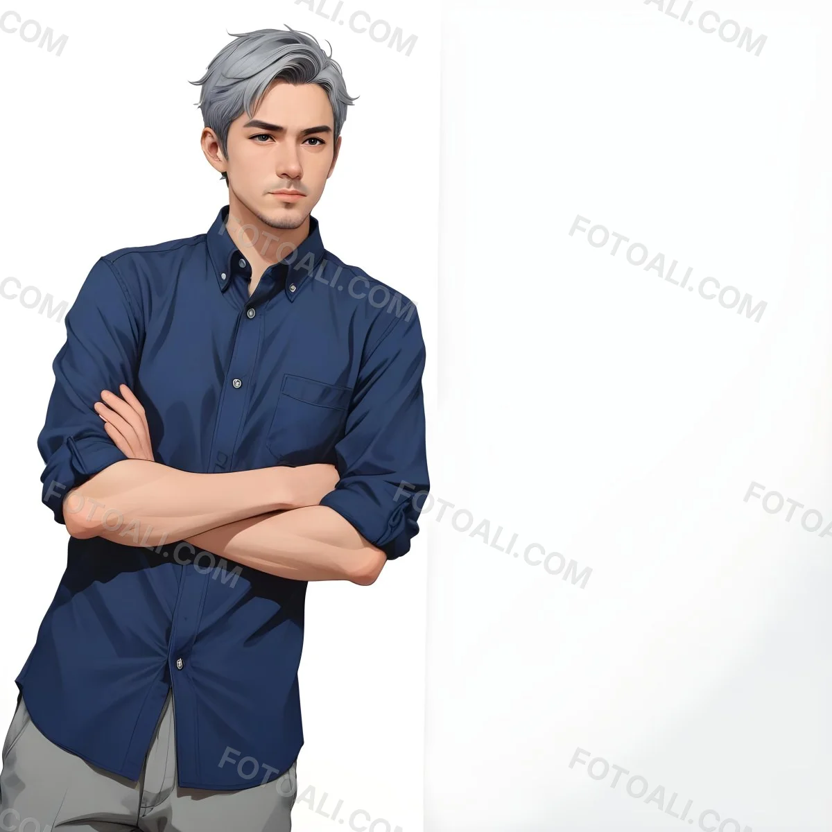 Oil Painting Caucasian Male Approximately 30 Years Old With Short Gray Hair Wearing A Dark Blue Button Up Shirt And Light Gray Pants Standing With Arms Crossed Against A Plain White Background Creative Extremel 16 E56f
