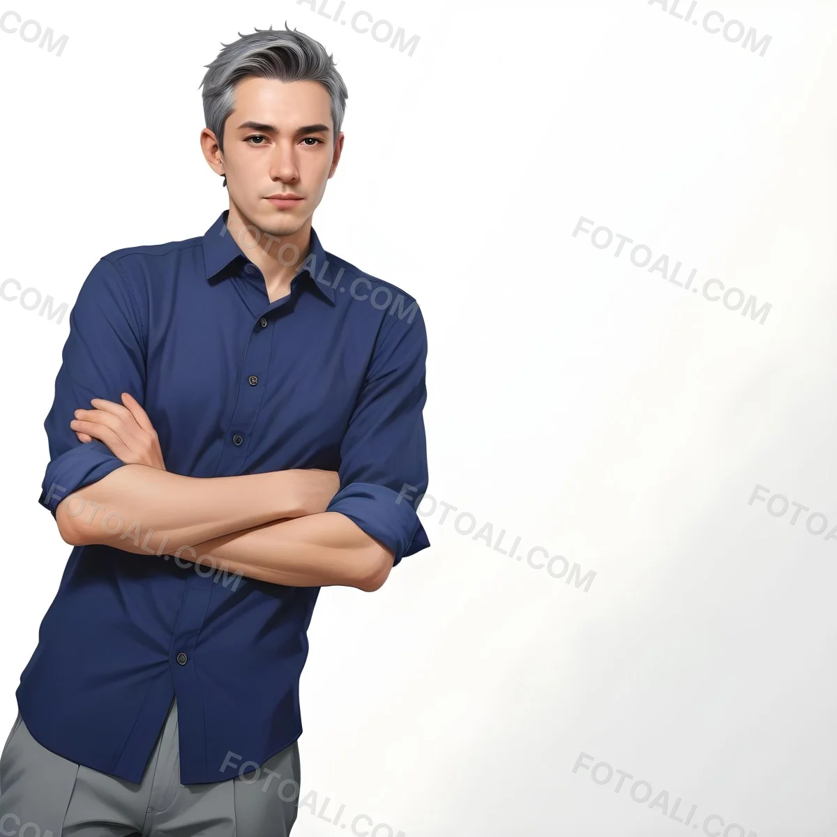 Oil Painting Caucasian Male Approximately 30 Years Old With Short Gray Hair Wearing A Dark Blue Button Up Shirt And Light Gray Pants Standing With Arms Crossed Against A Plain White Background Creative Extremel 17 E020