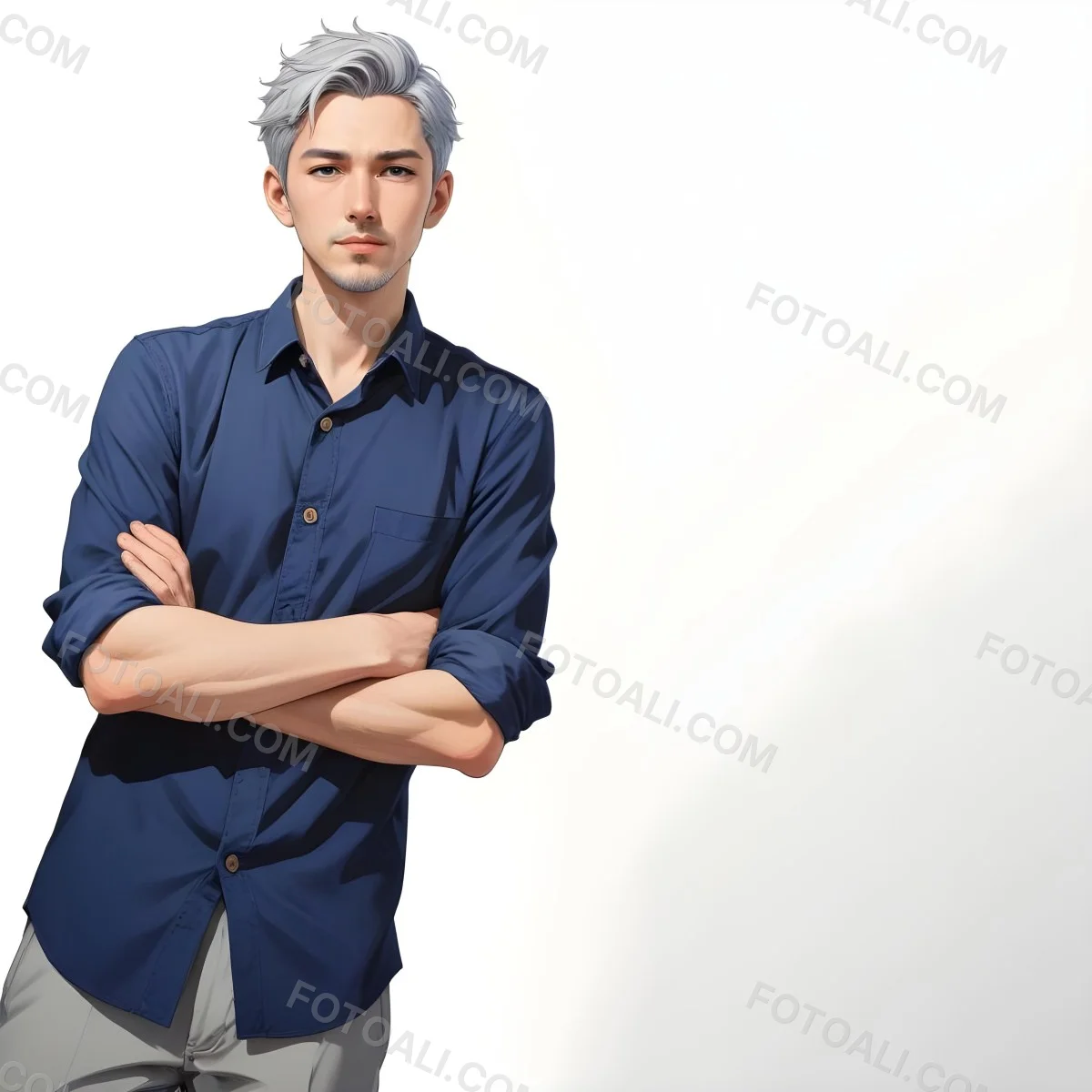Oil Painting Caucasian Male Approximately 30 Years Old With Short Gray Hair Wearing A Dark Blue Button Up Shirt And Light Gray Pants Standing With Arms Crossed Against A Plain White Background Creative Extremel 18 6264
