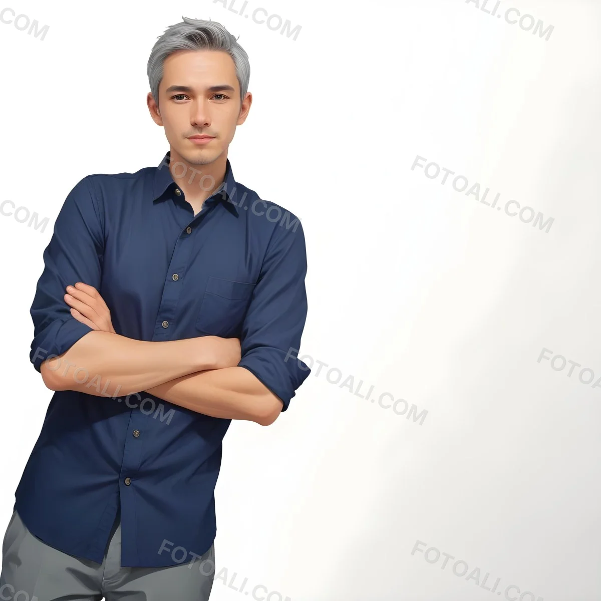 Oil Painting Caucasian Male Approximately 30 Years Old With Short Gray Hair Wearing A Dark Blue Button Up Shirt And Light Gray Pants Standing With Arms Crossed Against A Plain White Background Creative Extremel 23 5eb9