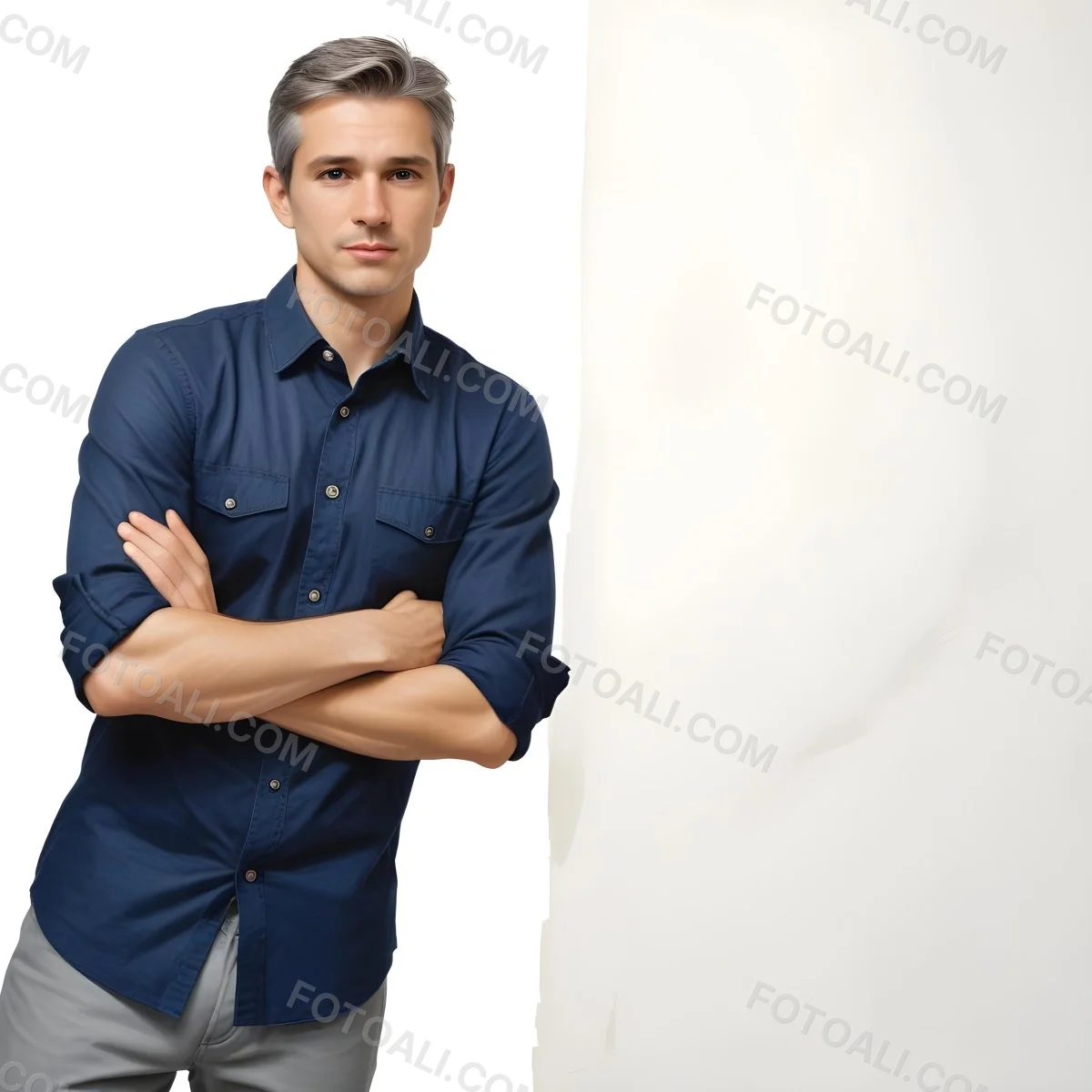 Oil Painting Caucasian Male Approximately 30 Years Old With Short Gray Hair Wearing A Dark Blue Button Up Shirt And Light Gray Pants Standing With Arms Crossed Against A Plain White Background Creative Extremel 25 820b