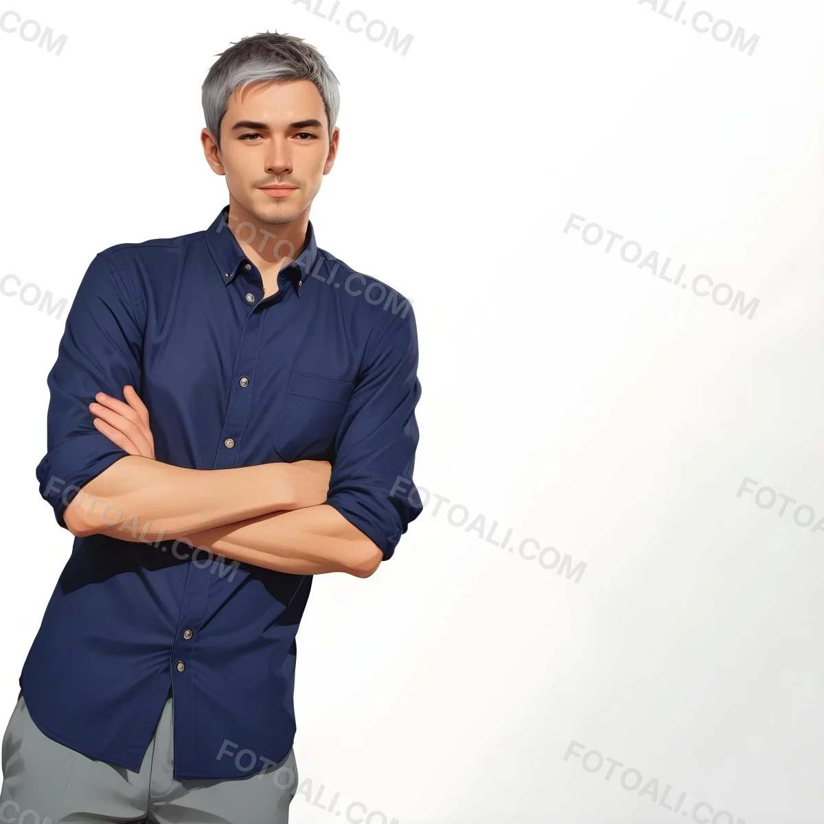 Oil Painting Caucasian Male Approximately 30 Years Old With Short Gray Hair Wearing A Dark Blue Button Up Shirt And Light Gray Pants Standing With Arms Crossed Against A Plain White Background Creative Extremel 3 Dc5c