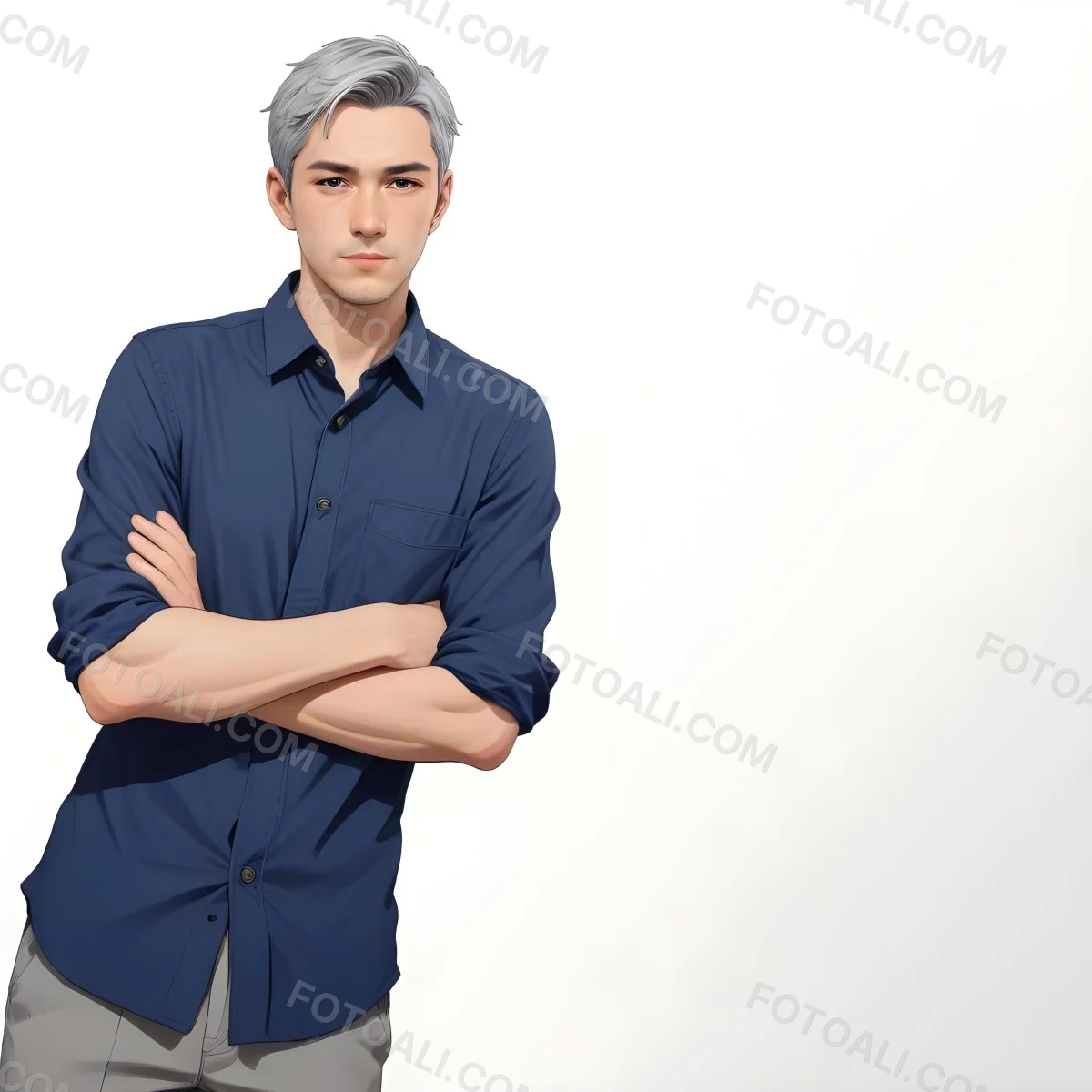 Oil Painting Caucasian Male Approximately 30 Years Old With Short Gray Hair Wearing A Dark Blue Button Up Shirt And Light Gray Pants Standing With Arms Crossed Against A Plain White Background Creative Extremel 4 734e
