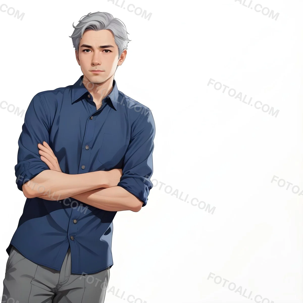 Oil Painting Caucasian Male Approximately 30 Years Old With Short Gray Hair Wearing A Dark Blue Button Up Shirt And Light Gray Pants Standing With Arms Crossed Against A Plain White Background Creative Extremel 5 84a8