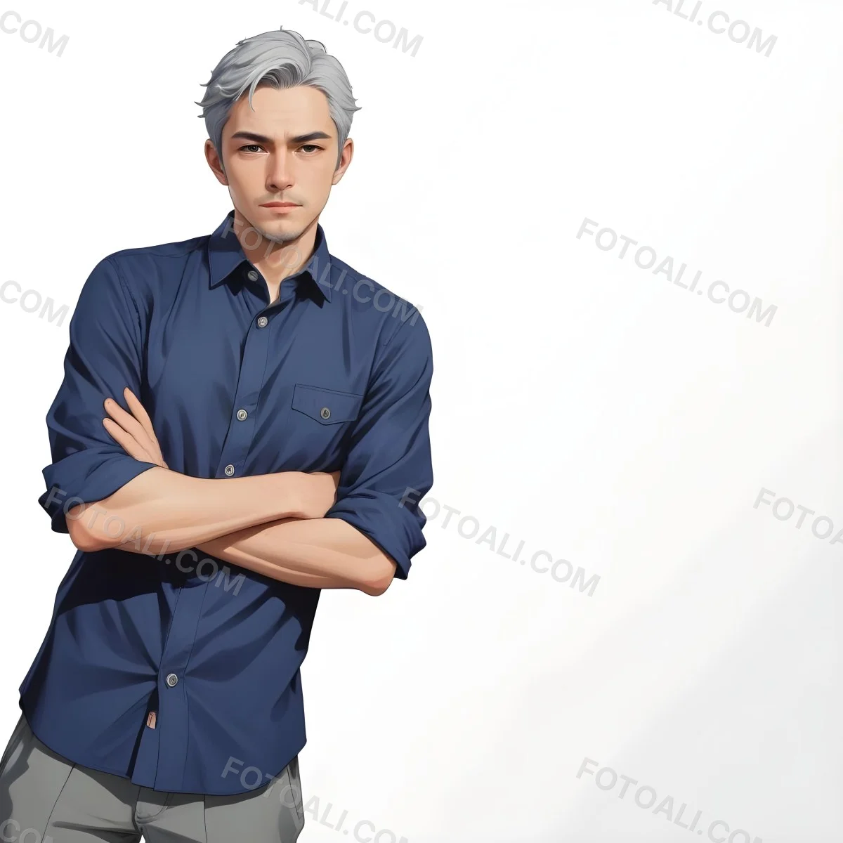 Oil Painting Caucasian Male Approximately 30 Years Old With Short Gray Hair Wearing A Dark Blue Button Up Shirt And Light Gray Pants Standing With Arms Crossed Against A Plain White Background Creative Extremel 6 1694