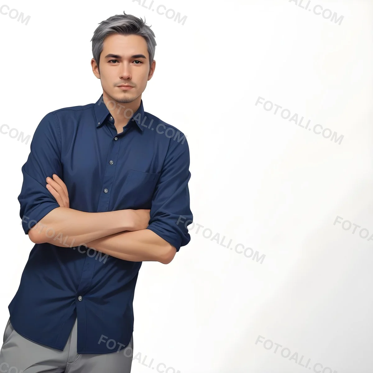 Oil Painting Caucasian Male Approximately 30 Years Old With Short Gray Hair Wearing A Dark Blue Button Up Shirt And Light Gray Pants Standing With Arms Crossed Against A Plain White Background Creative Extremel 7 7f3c