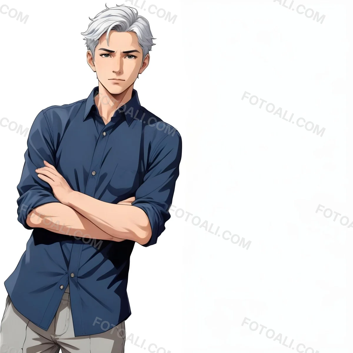 Oil Painting Caucasian Male Approximately 30 Years Old With Short Gray Hair Wearing A Dark Blue Button Up Shirt And Light Gray Pants Standing With Arms Crossed Against A Plain White Background Creative Extremel 8 6ce3