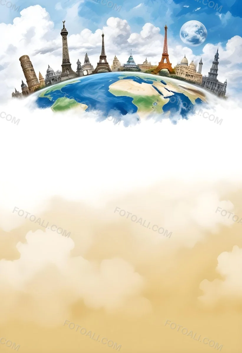 Oil Painting Earth Globe With Famous Monuments On Top Clouds Background Creative Extremely Detailed Brush Stroke 22 8271