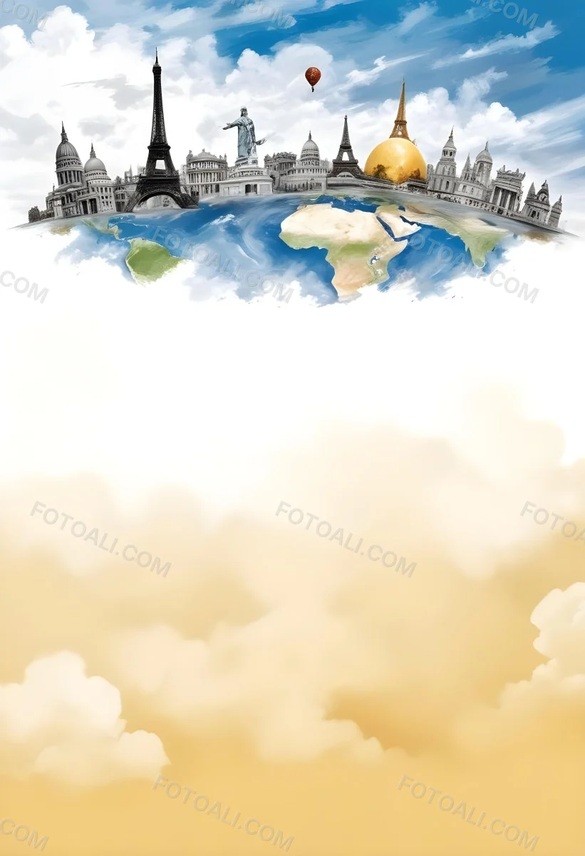 Oil Painting Earth Globe With Famous Monuments On Top Clouds Background Creative Extremely Detailed Brush Stroke 26 Bb46