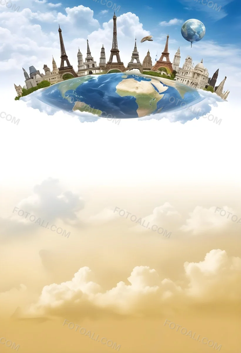 Oil Painting Earth Globe With Famous Monuments On Top Clouds Background Creative Extremely Detailed Brush Stroke 29 38be