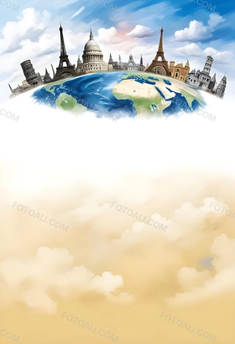 Oil Painting Earth Globe With Famous Monuments On Top Clouds Background Creative Extremely Detailed Brush Stroke 45 2594