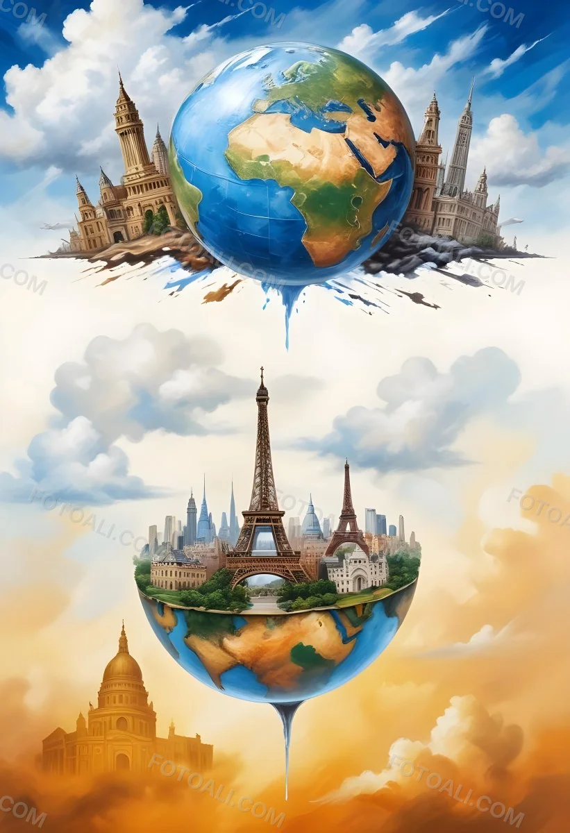 Oil Painting Earth Globe With Famous Monuments On Top Clouds Background Creative Extremely Detailed Brush Stroke 47 6291